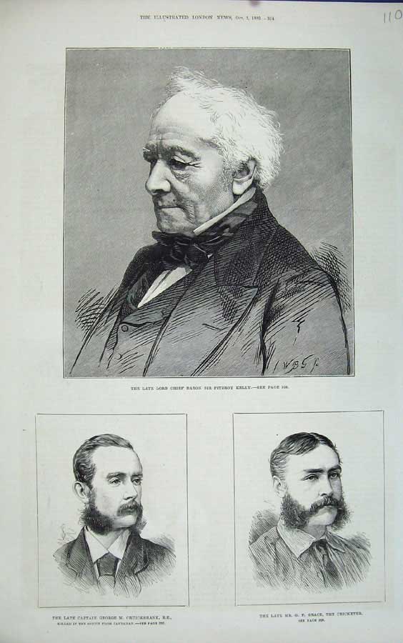 Old Antique Print 1880 Lord Baron Fitzroy Kelly Cruickshank Grace Cricket 19th