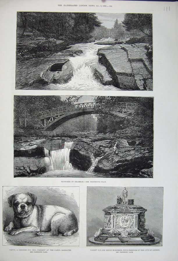 Old Antique Print 1880 Braemar Scotland River Pug Dog Casket Bessemer Art 19th
