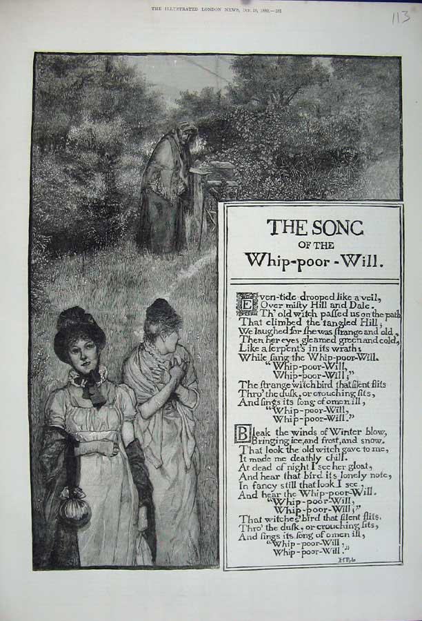 Original Old Antique Print 1880 Women Garden Song Words Whip-Poor-Will Fine Art