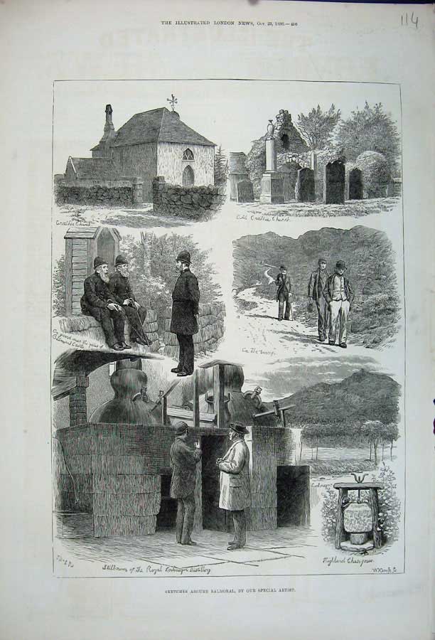 Old Antique Print 1880 Balmoral Scotland Crathie Church Distillery Castle 19th