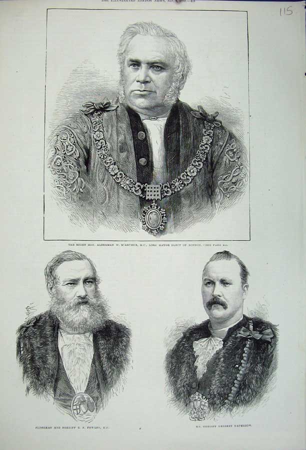 Old Antique Print 1880 Alderman M'Arthur Mayor London Sheriff Herbert Men 19th