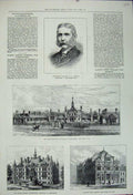 Original Old Antique Print 1880 General Bright Rous Buildings Newmarket Library