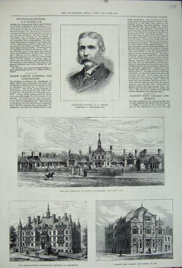 Original Old Antique Print 1880 General Bright Rous Buildings Newmarket Library