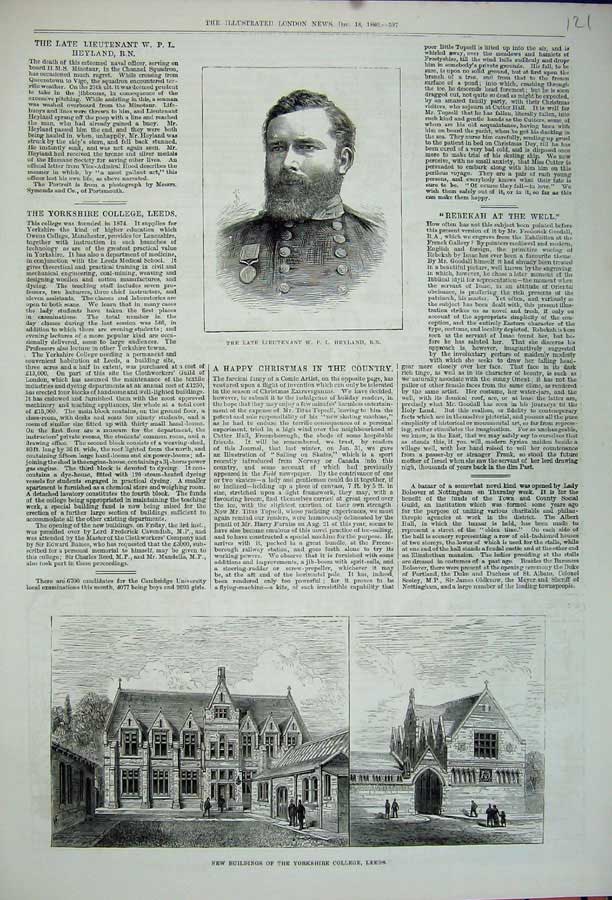 Old Antique Print Lieutenant Heyland War 1880 Buildings Yorkshire College 19th