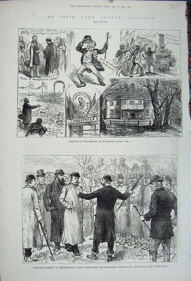 Old Antique Print 1880 Irish Land League Agitation Waterford Brrokborough 19th