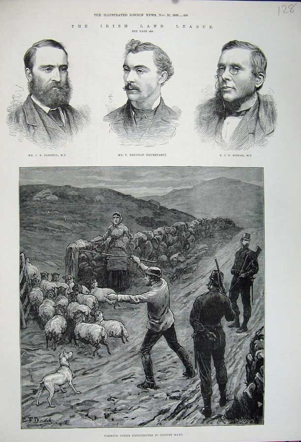 Old Antique Print 1880 Farming County Mayo Ireland Parnell Brennan Biggar 19th