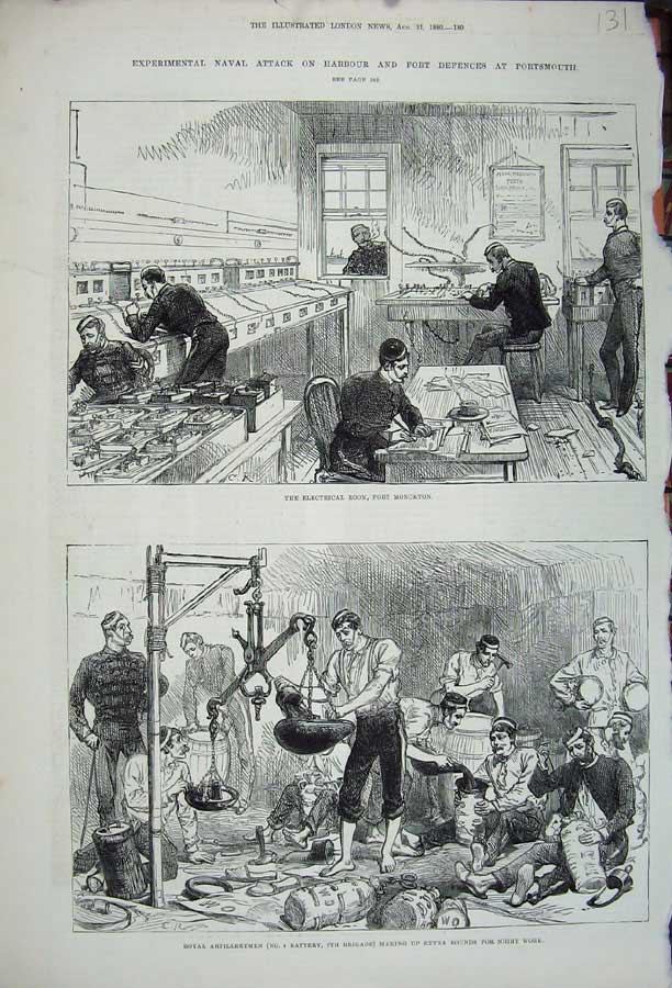 Old Antique Print 1880 Fort Monckton Electrical Room Artillery Men Army 19th