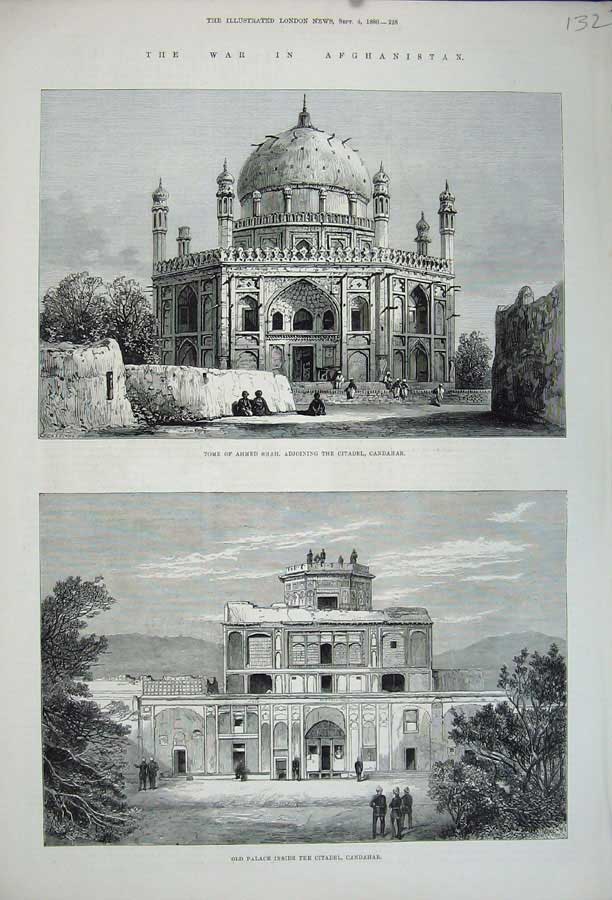 Original Old Antique Print 1880 War Afghanistan Tomb Ahmed Shah Candahar Palace