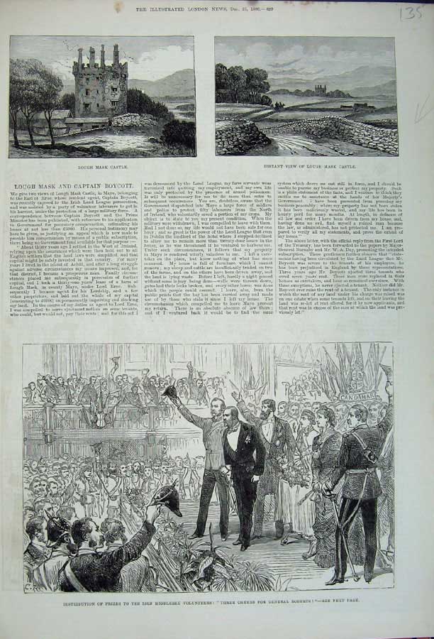 Old Antique Print 1880 Lough Mark Castle General Roberts Volunteers Army 19th