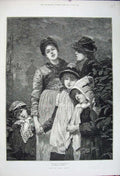 Original Old Antique Print 1880 Fine Art Woman Children Christmas Lionel Smythe