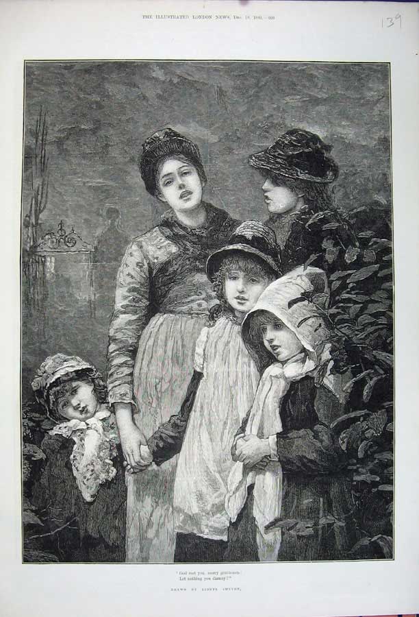 Original Old Antique Print 1880 Fine Art Woman Children Christmas Lionel Smythe