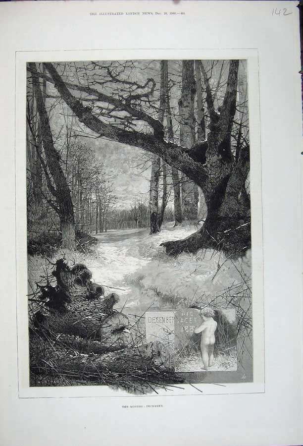 Original Old Antique Print 1880 Country Scene Month December Trees Snow 19th