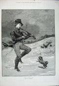 Old Antique Print 1880 Snow Scene Man Music Violin Dancing Dog Stainland 19th