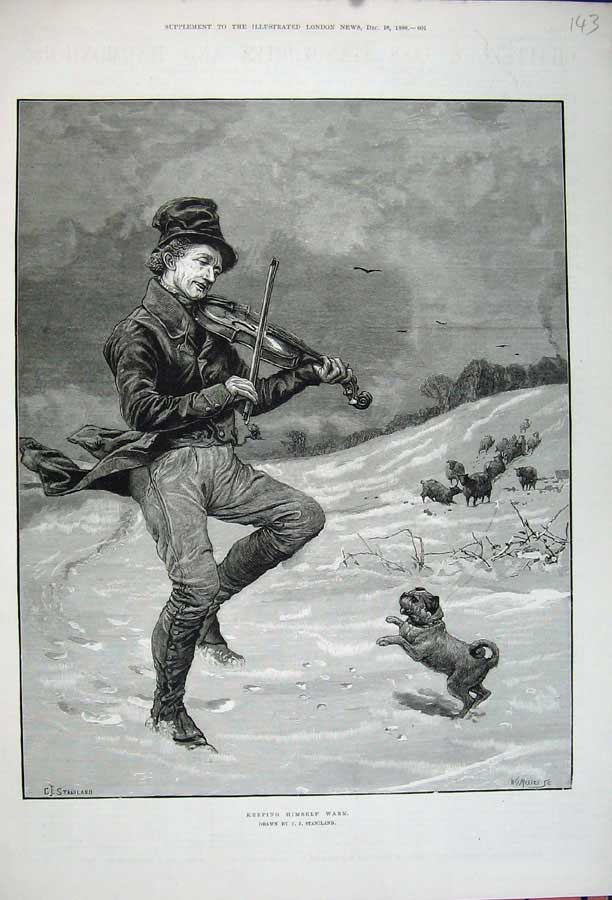 Old Antique Print 1880 Snow Scene Man Music Violin Dancing Dog Stainland 19th