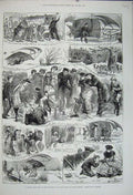 Original Old Antique Print 1880 Christmas Ice Skating Winter People Windy Storm