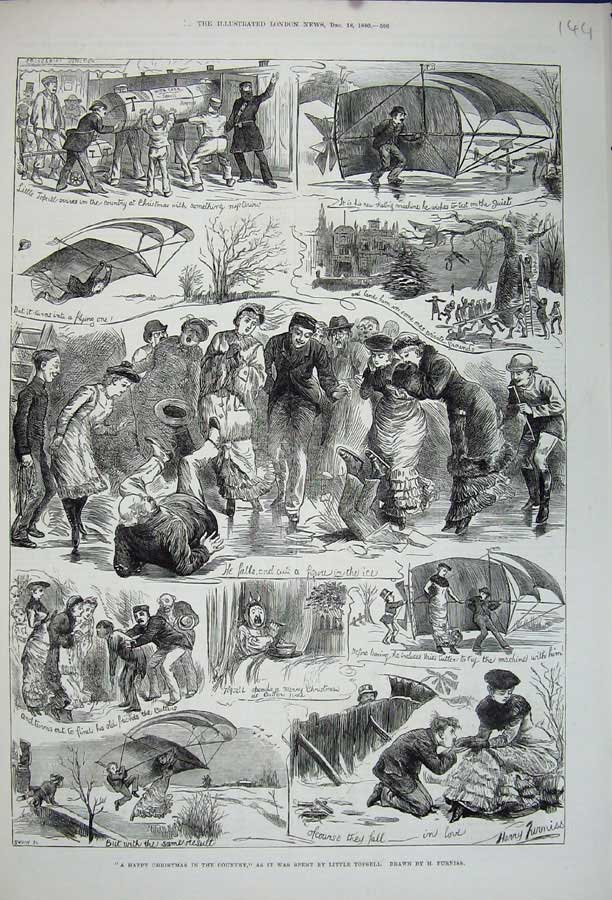 Original Old Antique Print 1880 Christmas Ice Skating Winter People Windy Storm
