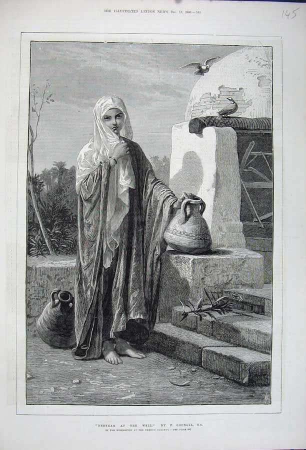 Old Antique Print 1880 Rebekah Well Waterjug Woman Goodall French Gallery 19th