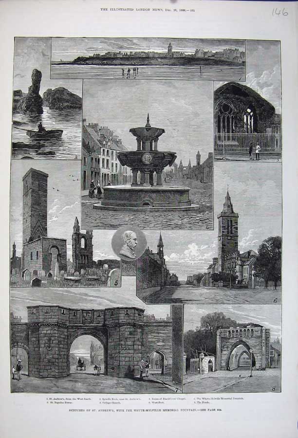 Old Antique Print St Andrews Scotland 1880 Regulus Tower Blackfriars Art 19th