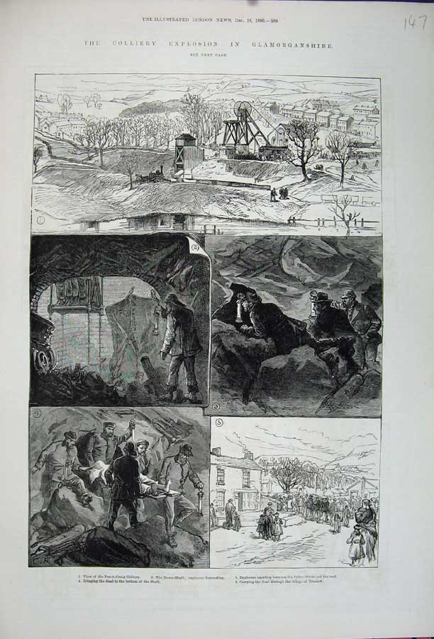 Old Antique Print 1880 Colliery Glamorganshire Pen-Y-Graig Men Mining Art 19th