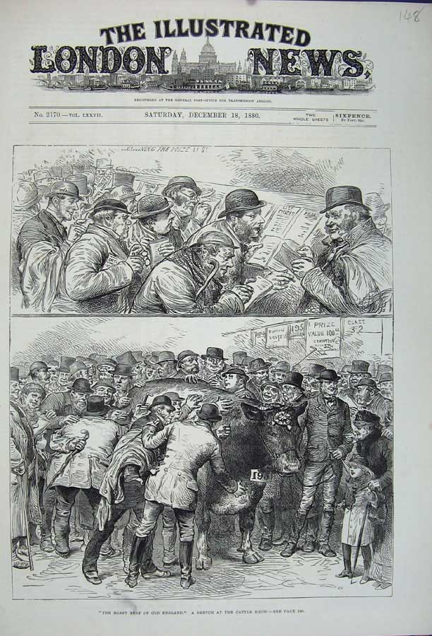 Original Old Antique Print 1880 Cattle Show Animals Men People Cows Victorian