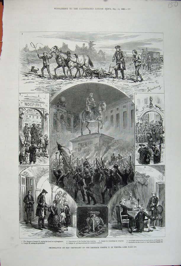 Original Old Antique Print 1880 Centenary Emperor Joseph Vienna Procession Army
