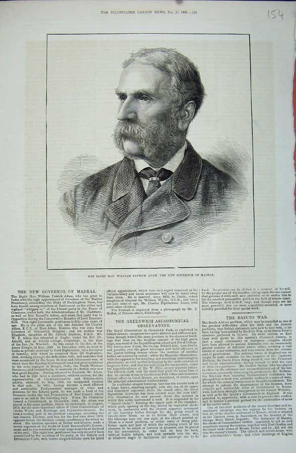 Original Old Antique Print 1880 Man William Patrick Adam New Governor Madras