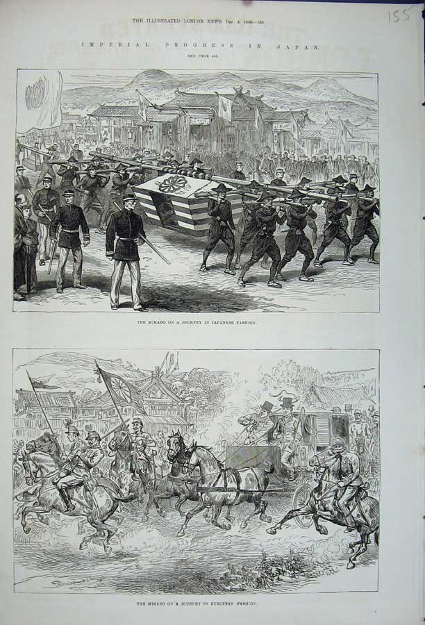 Old Antique Print Japan 1880 Mikado Journey Japanese European Transport 19th