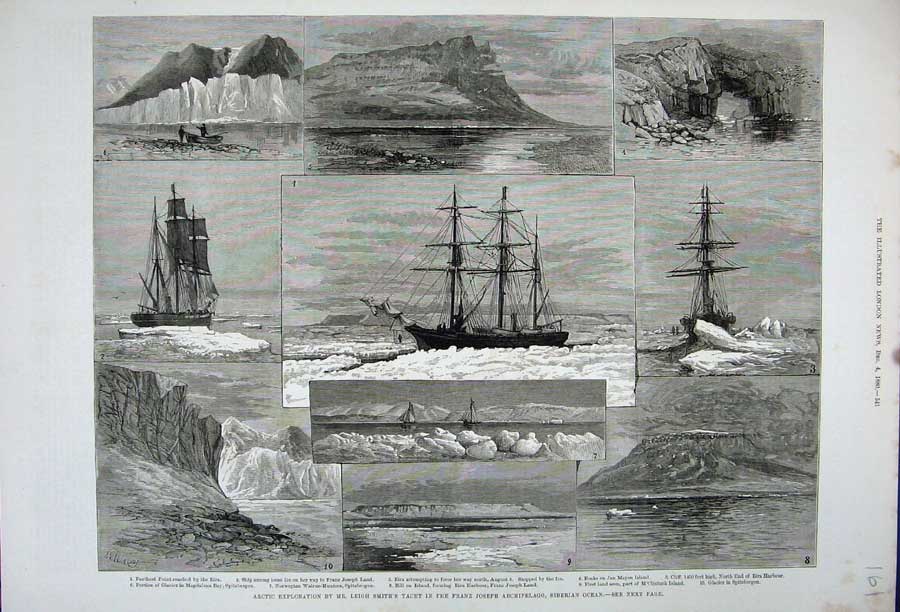 Old Antique Print 1880Arctic Leigh Smith Ship Siberian Ocean Franz Joseph 19th