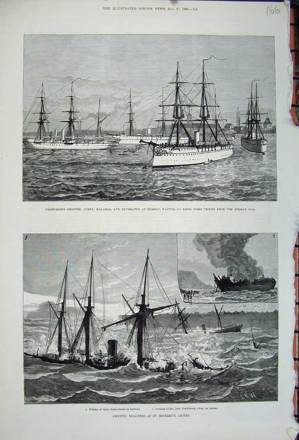 Original Old Antique Print 1880 Troop Ships Orontes Jumna Malabar Bombay Azores