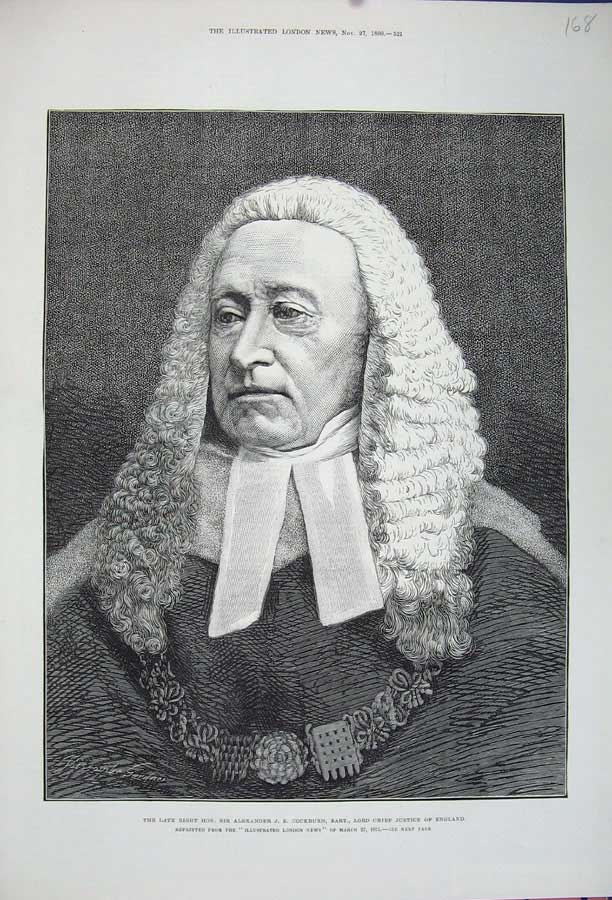 Old Antique Print 1880 Sir Alexander Cockburn Bart Chief Justice England 19th