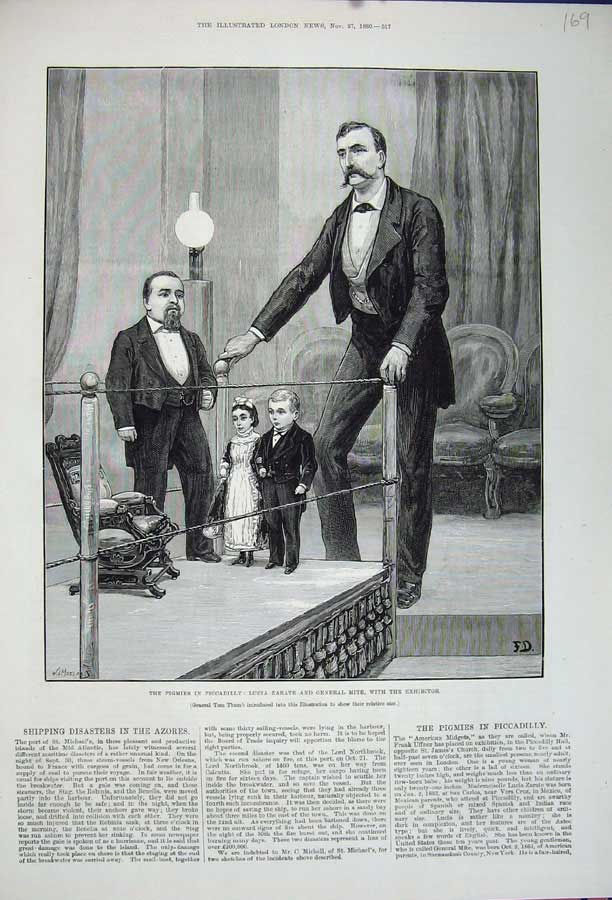 Old Antique Print 1880 Pigmies Piccadilly Lucia Zarate General Mite Art 19th
