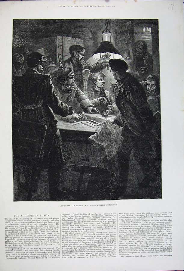 Original Old Antique Print Fine Art 1880 Conspiracy Russia Nihilist Men Meeting