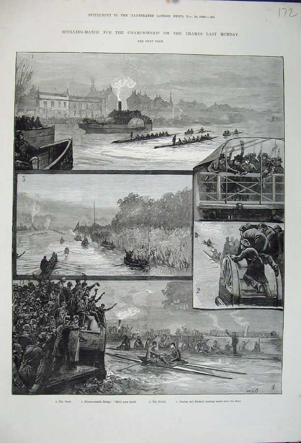 Old Antique Print 1880 Sculling Match River Thames Hammersmith Bridge Art 19th