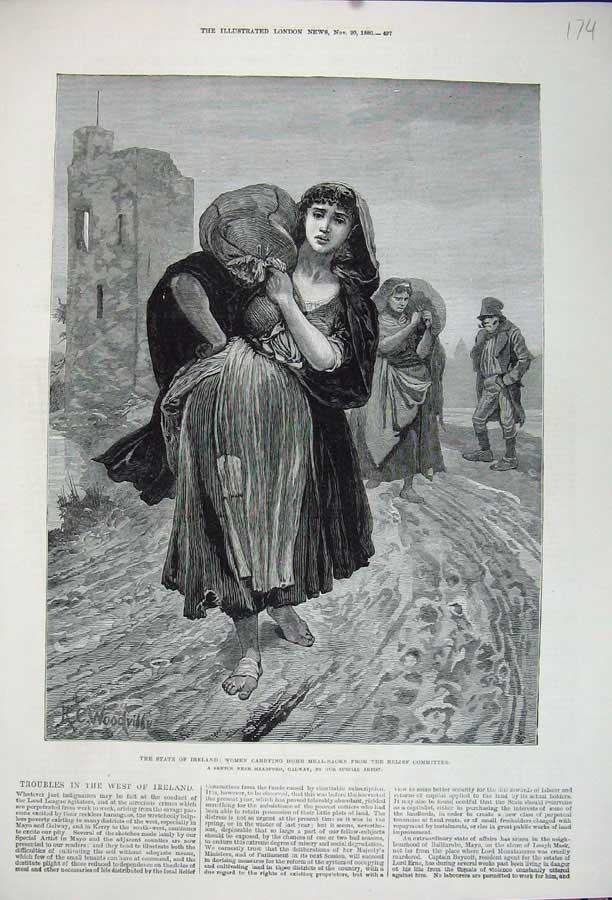 Old Antique Print 1880 Ireland Women Carrying Meal Sacks Relief Committee 19th