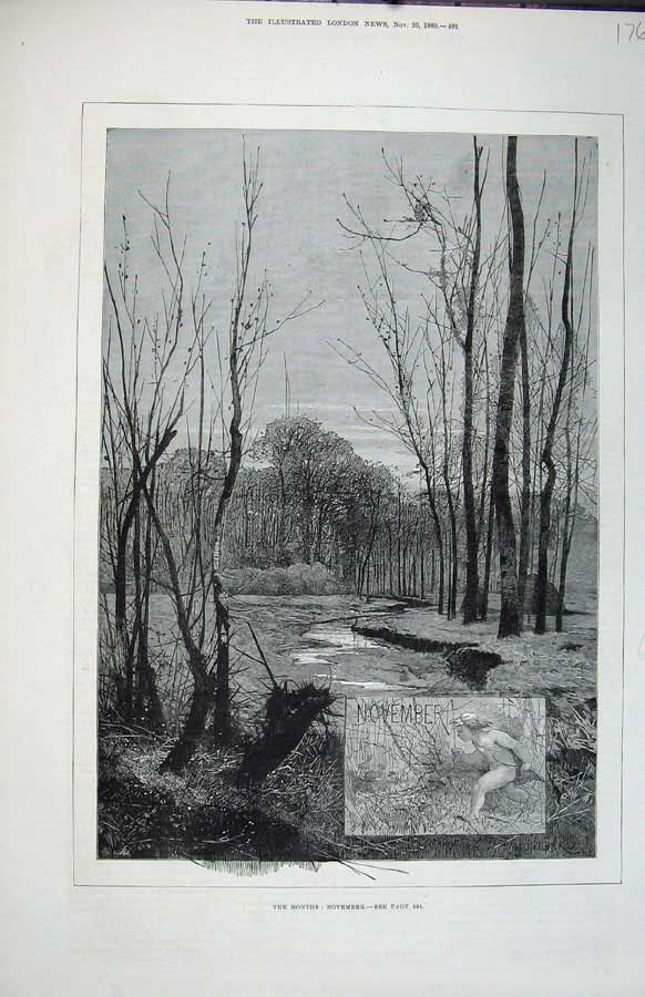 Old Antique Print 1880 Country Scene November Autumn Trees Lake Fine Art 19th