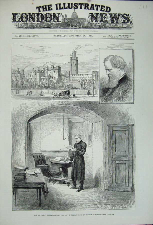Original Old Antique Print 1880 Ritualist Rev. Pelham Dale Holloway Prison Man