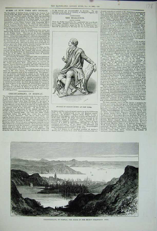 Old Antique Print 1880 Statue Robert Burns New York Christiansand Norway 19th