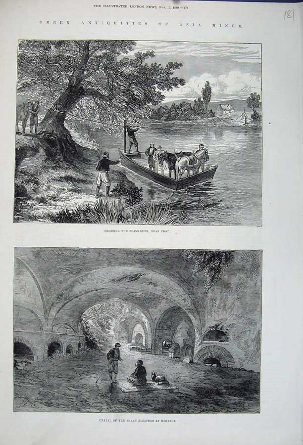 Old Antique Print 1880 Asia Minor Scamander Troy Boat Chapel Ephesus Art 19th