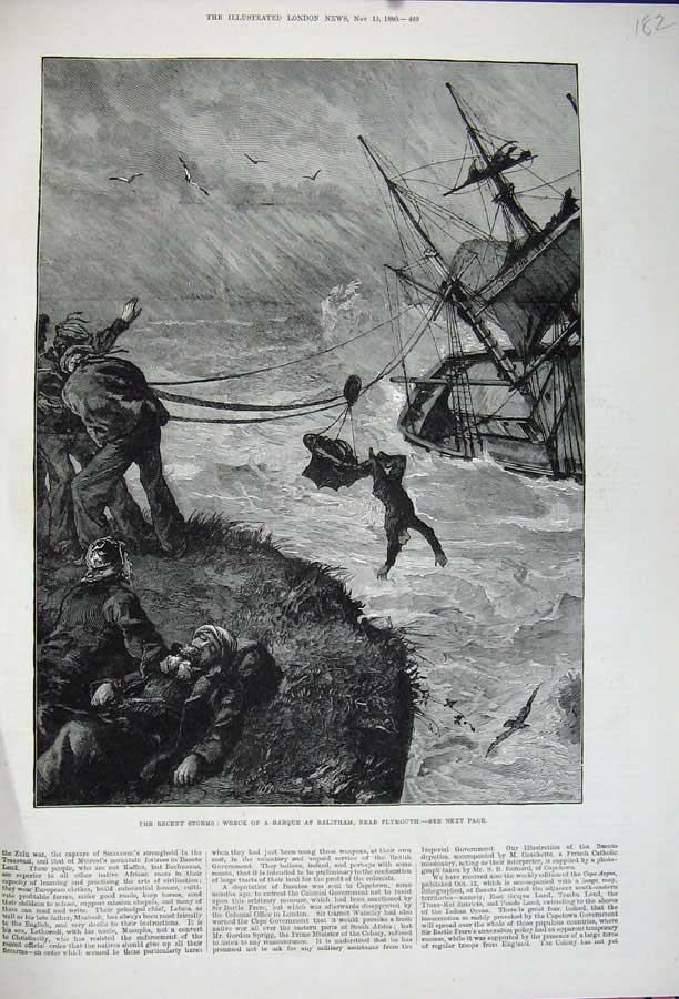 Old Antique Print 1880 Storm Ship Wreck Barque Balitham Plymouth Fine Art 19th
