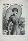 Original Old Antique Print 1880 Portrait Beautiful Woman Garden Parasoll 19th