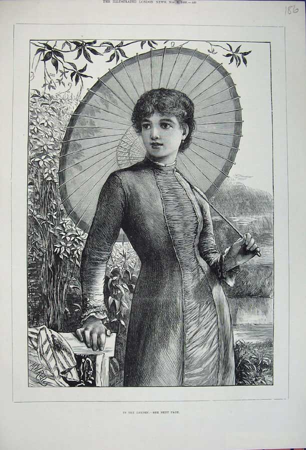 Original Old Antique Print 1880 Portrait Beautiful Woman Garden Parasoll 19th