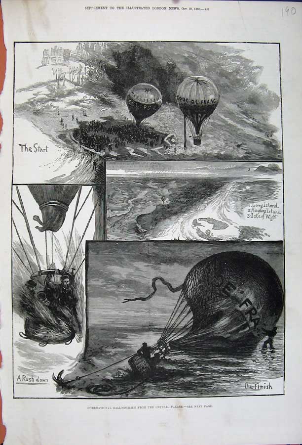 Old Antique Print 1880 Hot Air Balloon Race Crystal Palace Isle Wight Art 19th