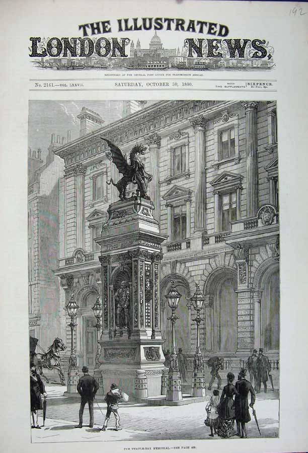 Old Antique Print 1880 Architecture Building Temple Bar Memorial Fine Art 19th