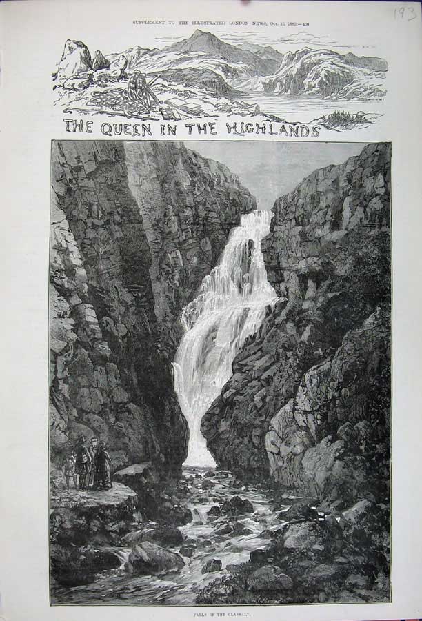 Old Antique Print 1880 Art River Falls Glassalt Queen Highlands Scotland 19th