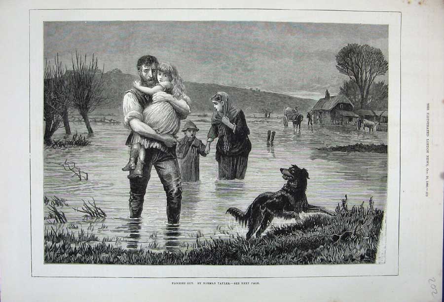 Original Old Antique Print 1880 Floods Family Children Country Dog House Tayler