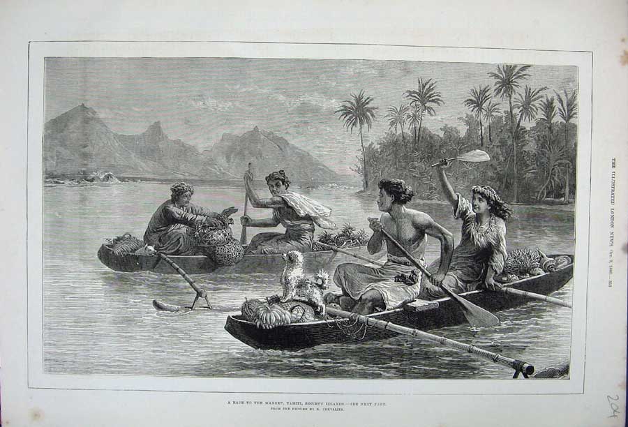 Old Antique Print 1880 Boat Race Market Tahiti Society Islands Mountains 19th