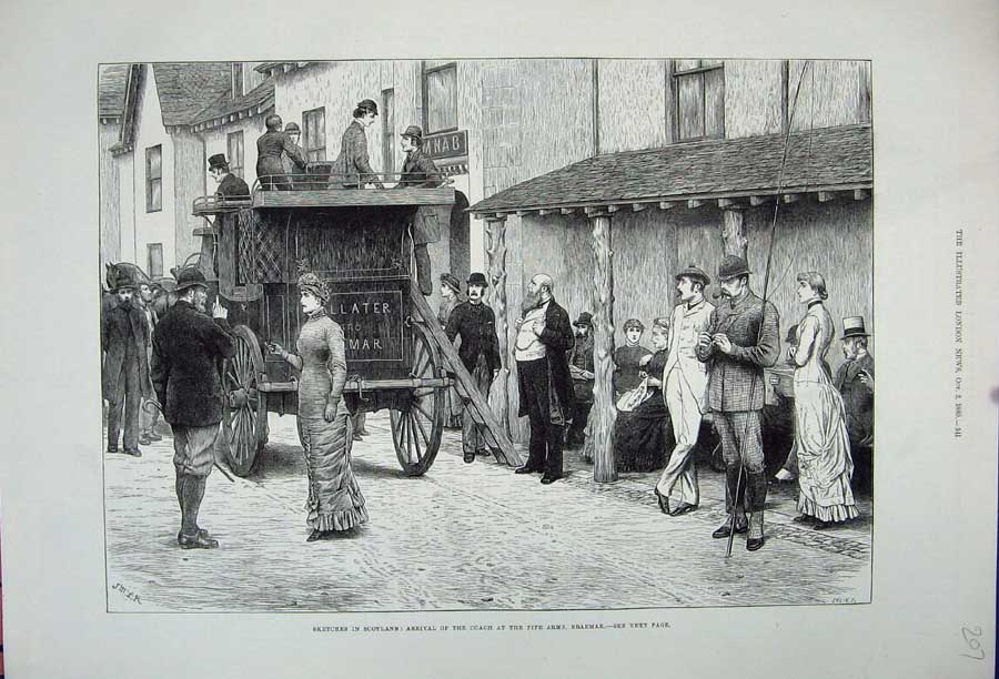 Original Old Antique Print 1880 Scotland Horse Coach Fife Arms Braemar Scotland