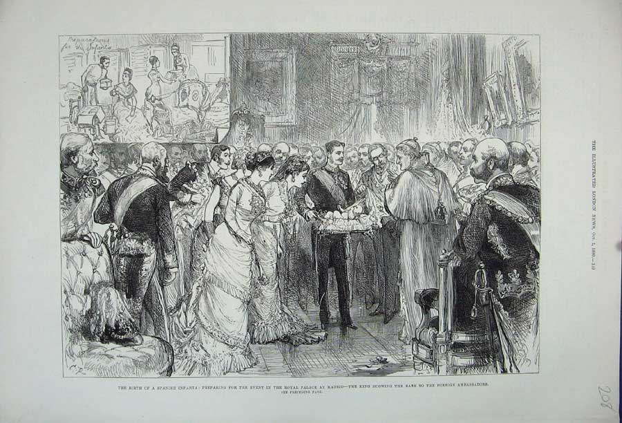 Old Antique Print 1880 Spanish Baby Royal Palace Madrid King Ambassadors 19th