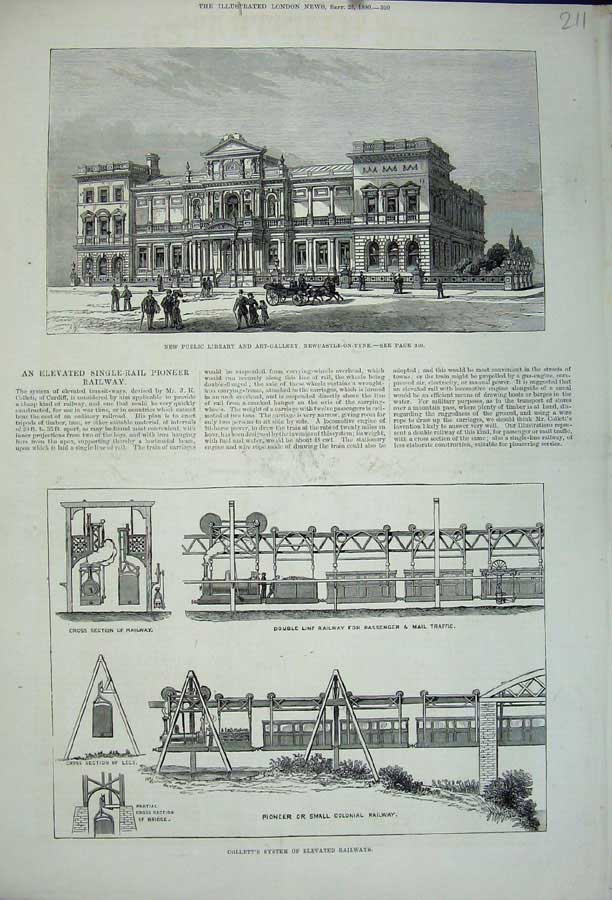 Old Antique Print Library Gallery Newcastle 1880 Collett Elevated Railway 19th