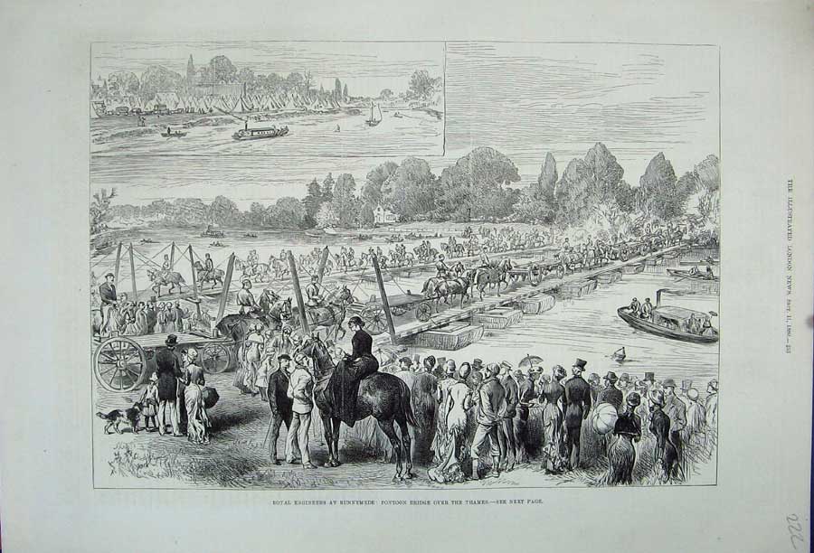 Original Old Antique Print 1880 Royal Engineers Runnymede Pontoon Bridge Thames